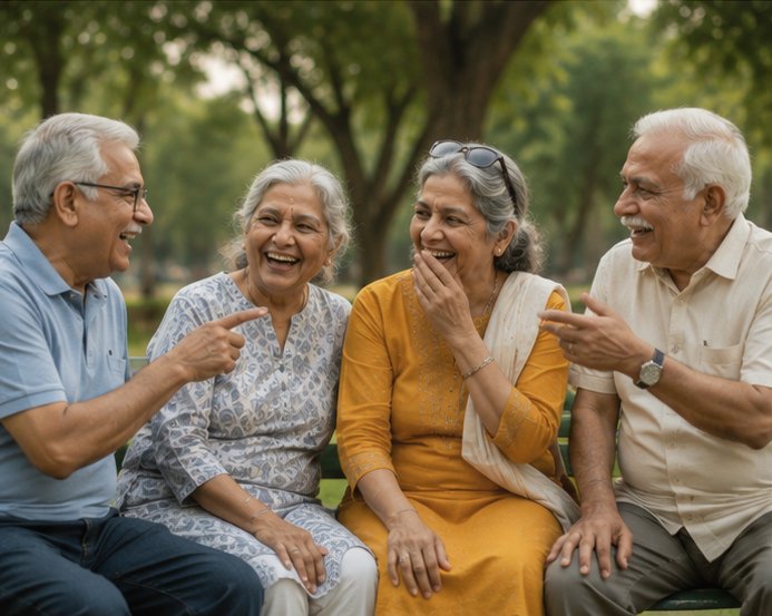 Four old friends laughing together on a park bench