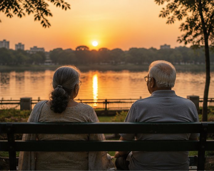 An elderly couple sitting together on a park bench, watching the sunset