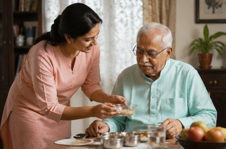 A caregiver serving a warm meal to an elderly man