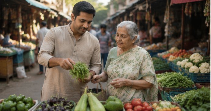 Choosing vegetables at the market with an elderly woman
