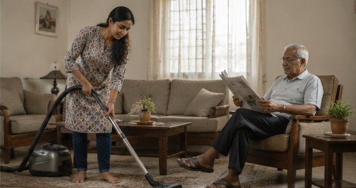 A caregiver tidying the living room while an elderly man reads the paper