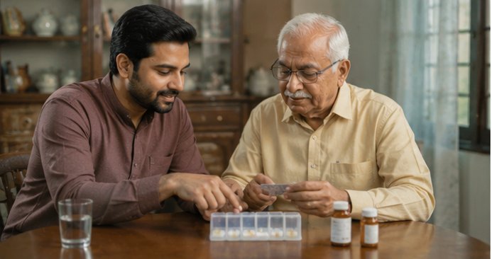 A caregiver helping an elderly man sort his weekly medicines