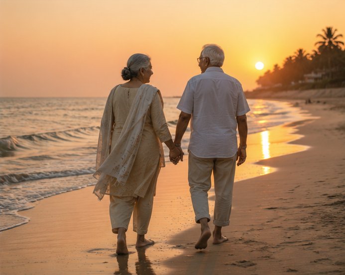 An elderly couple walking hand in hand along the beach at sunset