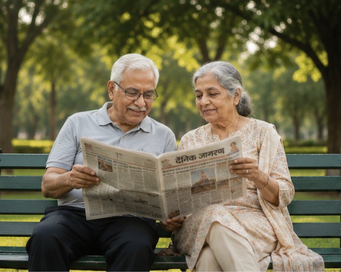 An elderly couple reading the morning newspaper together on a park bench