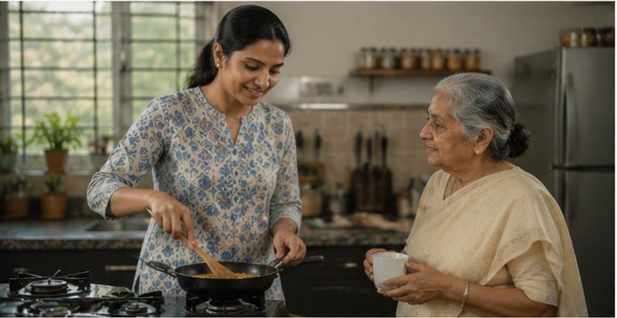 A caregiver cooking while an elderly woman keeps her company